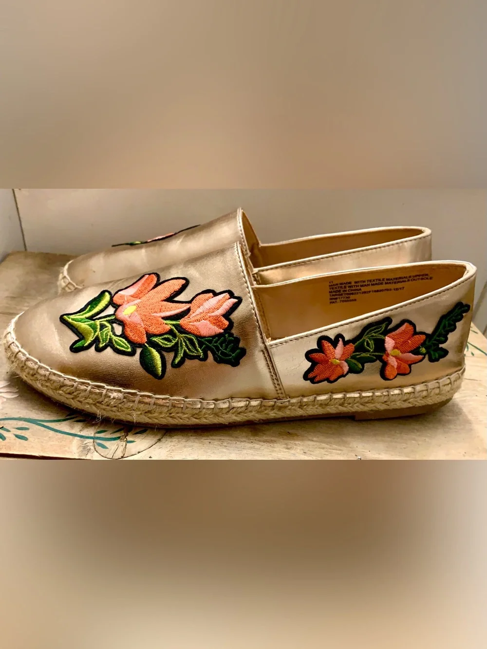 a new day Gold Espadrille Slip-Ons with Pink Floral Applique